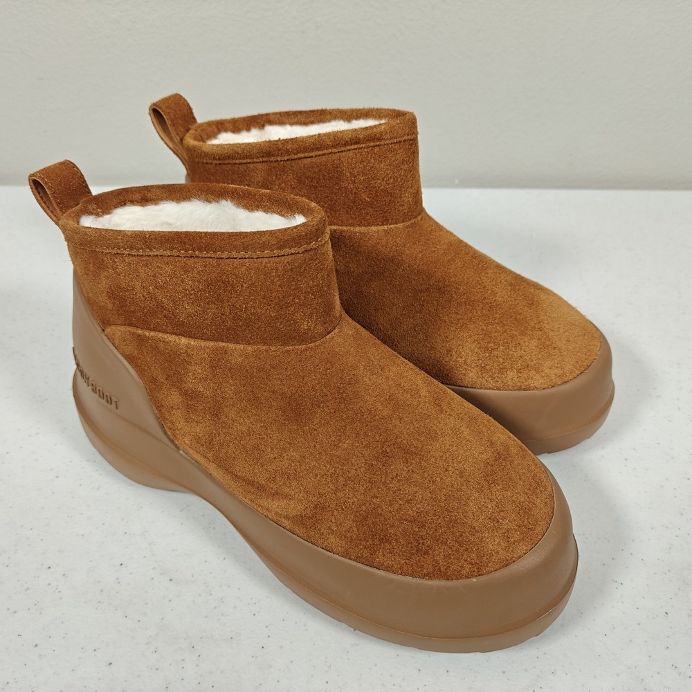 Moon Boot Luna Low Faux Shearling Lined Boots Platform Cognac Suede EU 37 US 6
